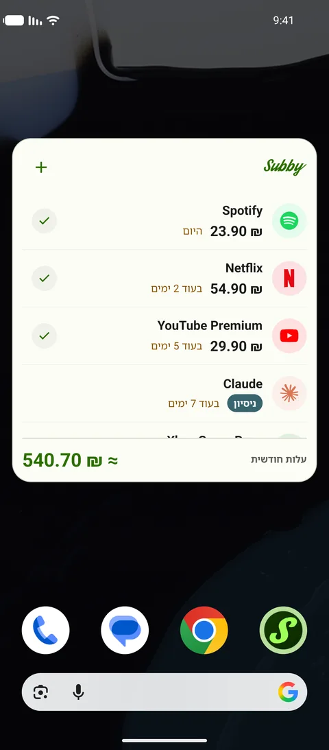 הווידג׳ט של Subby על מסך בית של Android, המורשה Spotify, Netflix ו-YouTube Premium עם קו על כל אחד, ניסיון מסומן ניסיון, וסך חודשי של $165.35