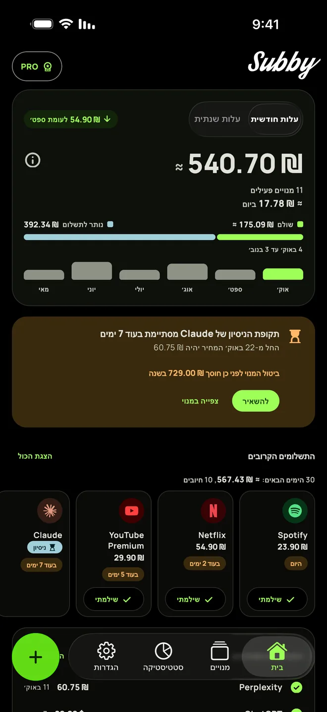 Subby בית ב-iPhone בעיצוב כהה, עם סך החודש שלך של $165.35, $5.44 ביום, שולם מול נותר לתשלום, כרטיס ניסיון והתשלומים הקרובים