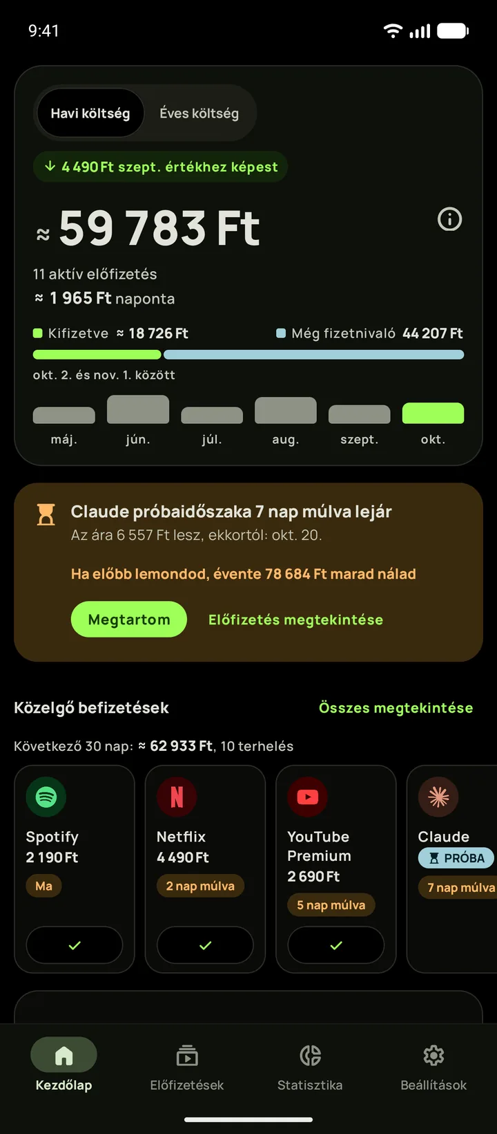A Subby Kezdőlapja Androidon, valódi fekete témában: a havi összeg 165,35 dollár, egy próbaidőszak-kártya és a közelgő befizetések