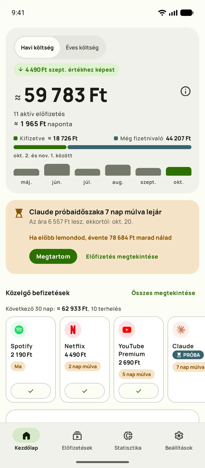 A Subby Kezdőlapja Androidon: a havi összeg 165,35 dollár, naponta 5,44 dollár, kifizetett és még fizetendő rész, egy próbaidőszak-kártya és a közelgő befizetések
