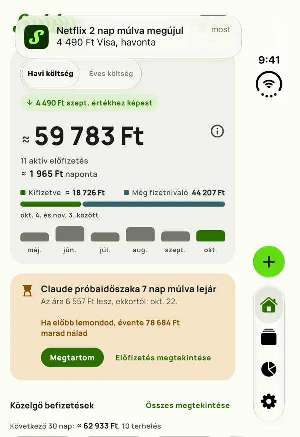 Egy Subby-emlékeztető egy csukott iPhone Duo külső paneljén: a Netflix 2 nap múlva megújul, 15,49 dollár, Visa, havonta