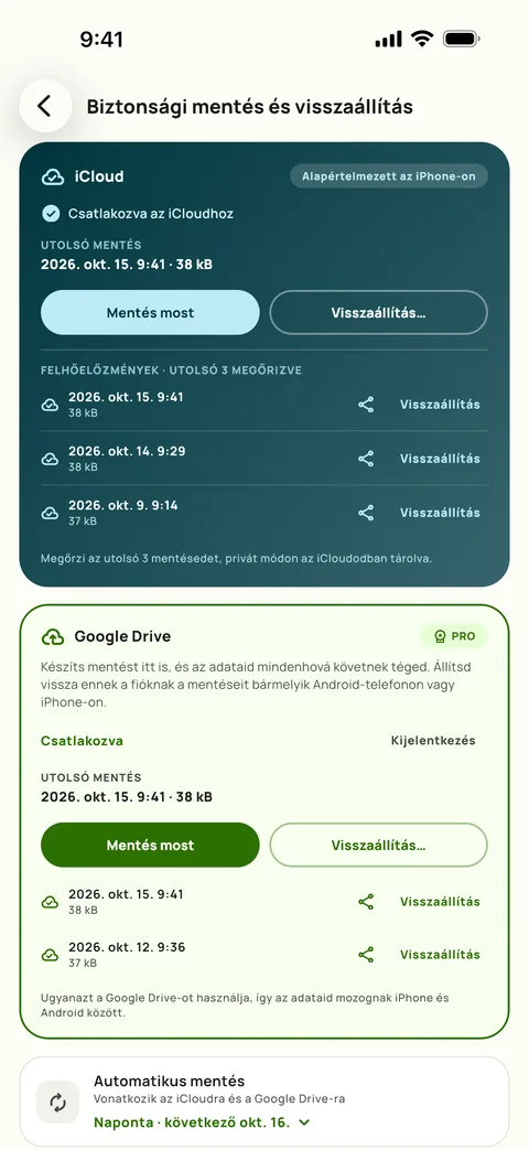 Biztonsági mentés és visszaállítás a Subbyban iPhone-on: az iCloud és a Google Drive is csatlakoztatva, az utolsó három iCloud-mentés listázva, az automatikus mentés naponta fut