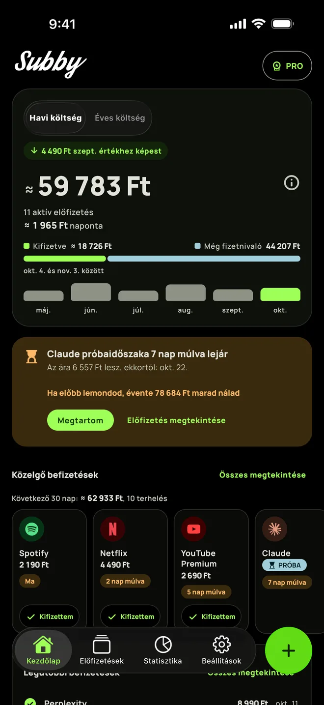 A Subby Kezdőlapja iPhone-on, sötét módban: a havi összeg 165,35 dollár, naponta 5,44 dollár, kifizetett és még fizetendő rész, egy próbaidőszak-kártya és a közelgő befizetések