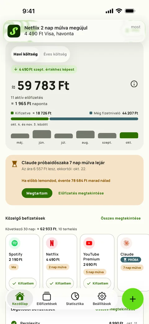 Egy Subby-emlékeztető iPhone-on: a Netflix 2 nap múlva megújul, 15,49 dollár, Visa, havonta