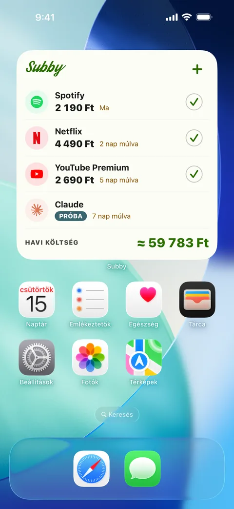 A nagy Subby widget egy iPhone kezdőképernyőjén: a Spotify, a Netflix és a YouTube Premium egy-egy pipával, egy PRÓBA jelű próbaidőszak, és a havi költség, 165,35 dollár