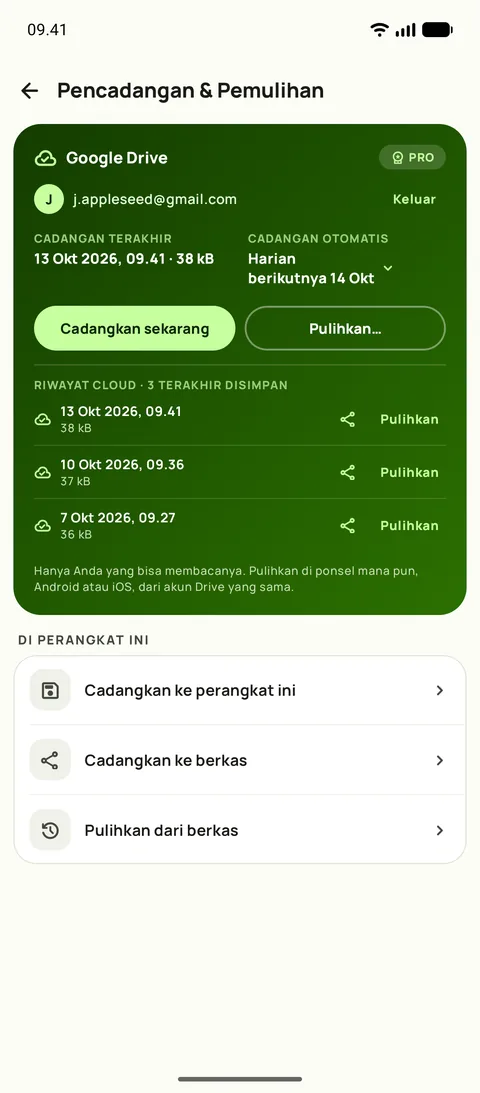 Pencadangan dan Pemulihan di Subby untuk Android, dengan Google Drive tersambung, pencadangan otomatis harian, dan tiga cadangan terakhir tersimpan