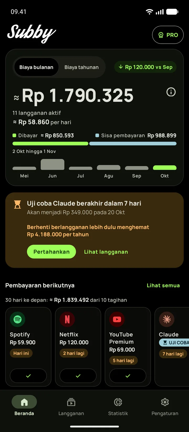 Beranda Subby di Android dalam tema hitam pekat dengan total bulanan $165,35, kartu uji coba, dan pembayaran berikutnya