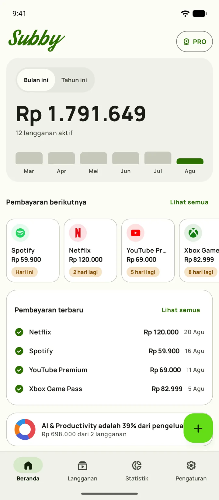 Beranda Subby di Android dengan total bulanan $165,35, $5,44 per hari, jumlah dibayar dibandingkan sisa pembayaran, kartu uji coba, dan pembayaran berikutnya