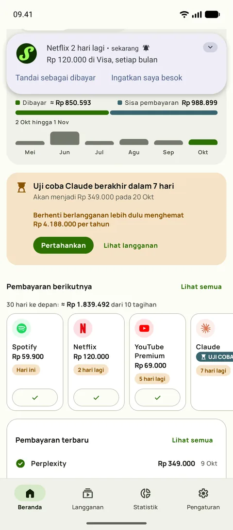 Pengingat Subby di Android yang berbunyi Netflix diperpanjang dalam 2 hari, $15,49 di Visa, setiap bulan, dengan tombol Tandai sebagai dibayar dan Ingatkan besok