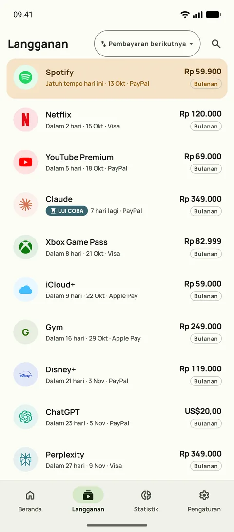 Tab Langganan Subby di Android, diurutkan menurut pembayaran berikutnya: Spotify jatuh tempo hari ini, lalu Netflix, YouTube Premium, dan satu uji coba gratis, masing-masing dengan harga dan siklusnya