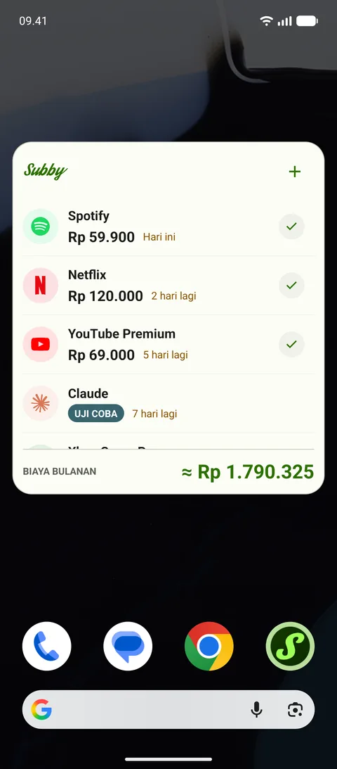 Widget Subby di layar utama Android, mencantumkan Spotify, Netflix, dan YouTube Premium dengan centang di masing-masing, satu uji coba berlabel UJI COBA, dan biaya bulanan $165,35
