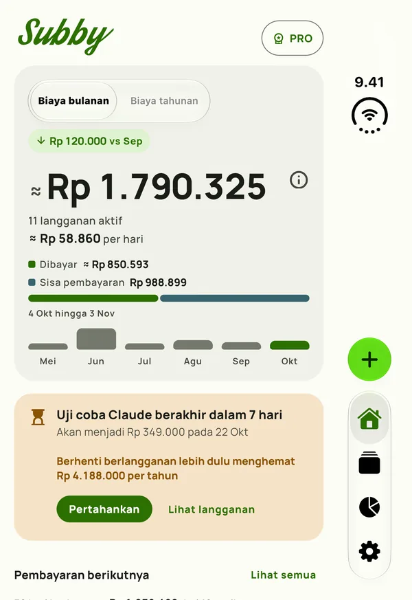 Beranda Subby di panel luar iPhone Duo yang tertutup, dengan biaya bulanan, dibayar dan sisa pembayaran, serta kartu untuk uji coba yang berakhir dalam tujuh hari
