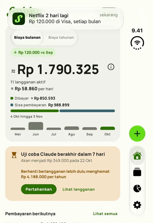 Pengingat Subby di panel luar iPhone Duo yang tertutup, berbunyi Netflix diperpanjang dalam 2 hari, $15,49 di Visa, setiap bulan