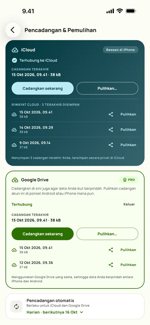 Pencadangan dan Pemulihan di Subby untuk iPhone, dengan iCloud dan Google Drive sama-sama tersambung, tiga cadangan iCloud terakhir terdaftar, dan pencadangan otomatis harian