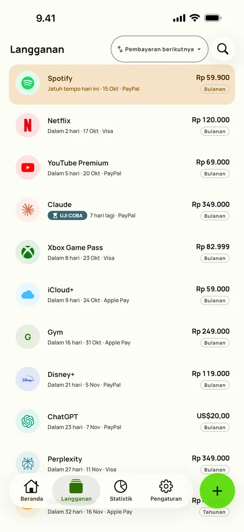 Tab Langganan Subby, diurutkan berdasarkan penagihan berikutnya, tiap langganan dengan harga, kartu dan siklus penagihan, di iPhone