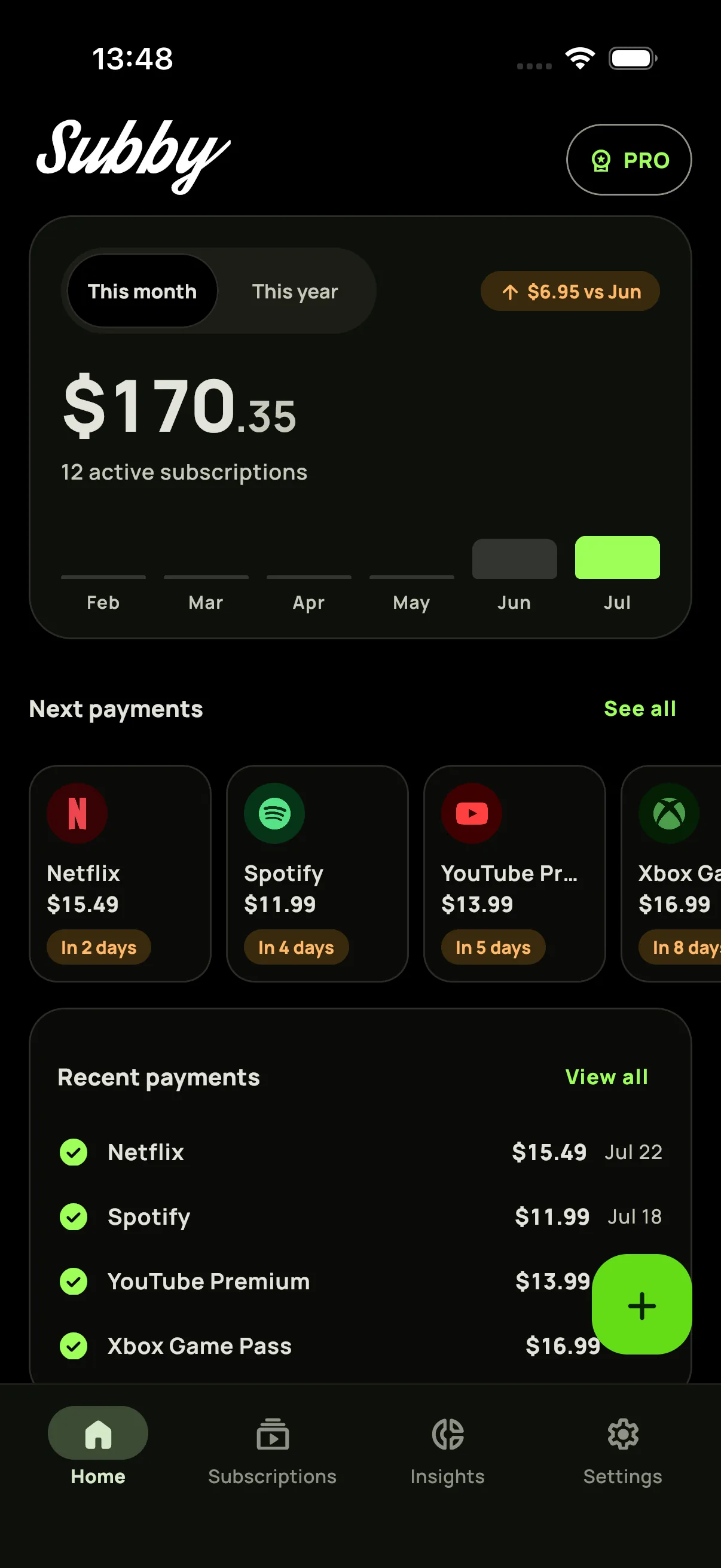 Subby home screen on iPhone in dark mode with the monthly total and the next payments