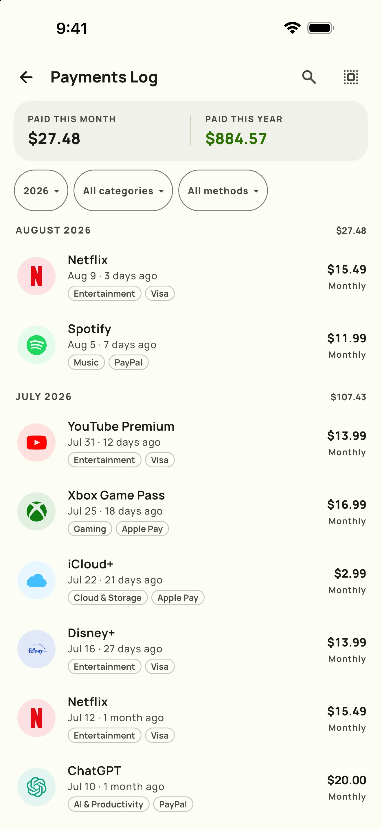 Subby payments log — full history with monthly totals