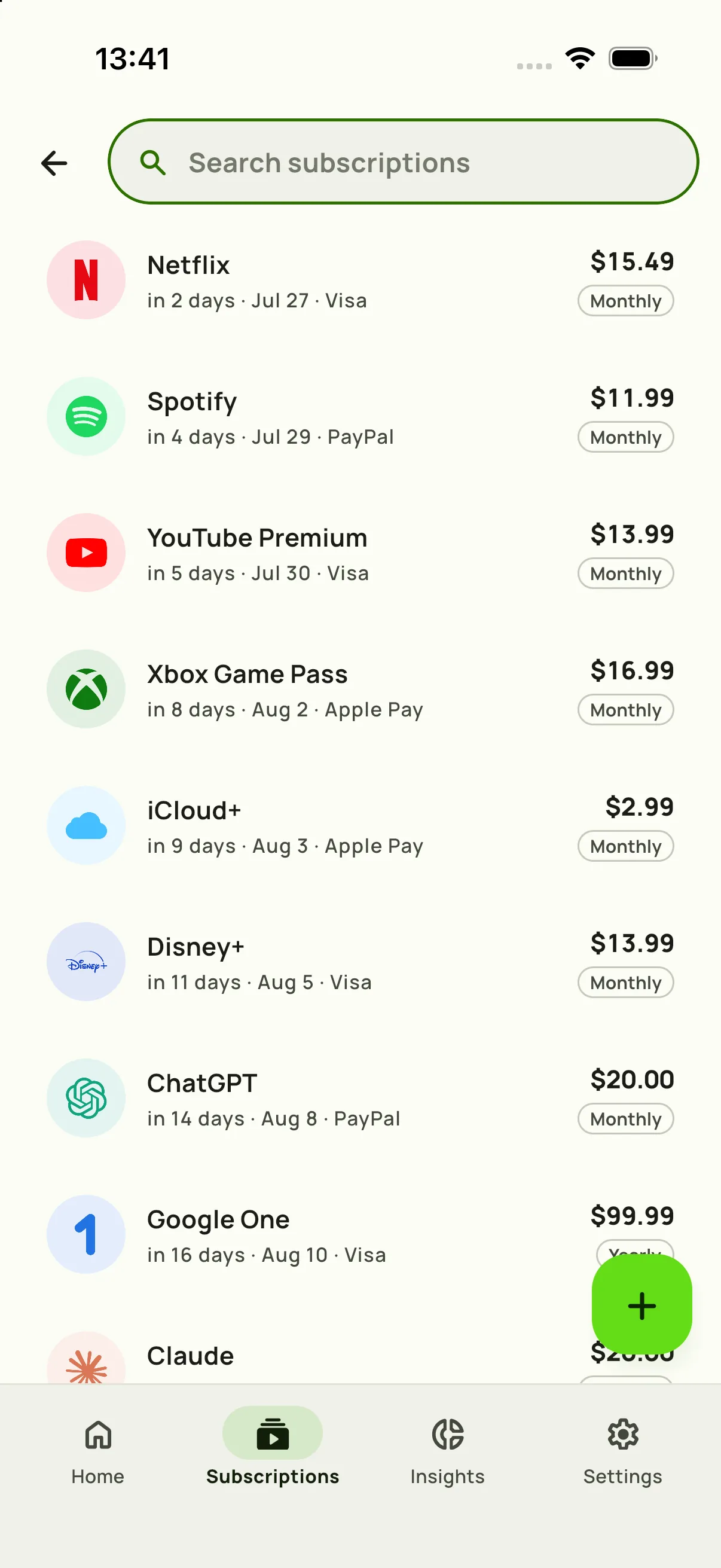 Subby on iPhone: the subscriptions list with Netflix, Spotify and YouTube Premium, each with its next charge date and price