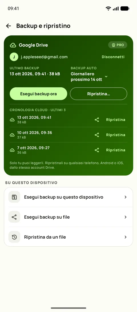 Backup e ripristino in Subby su Android, con Google Drive collegato, backup automatico giornaliero e gli ultimi tre backup conservati