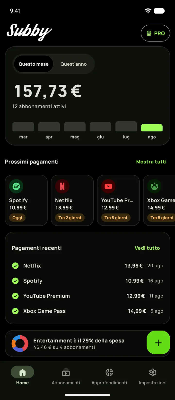 Schermata principale di Subby nel tema scuro