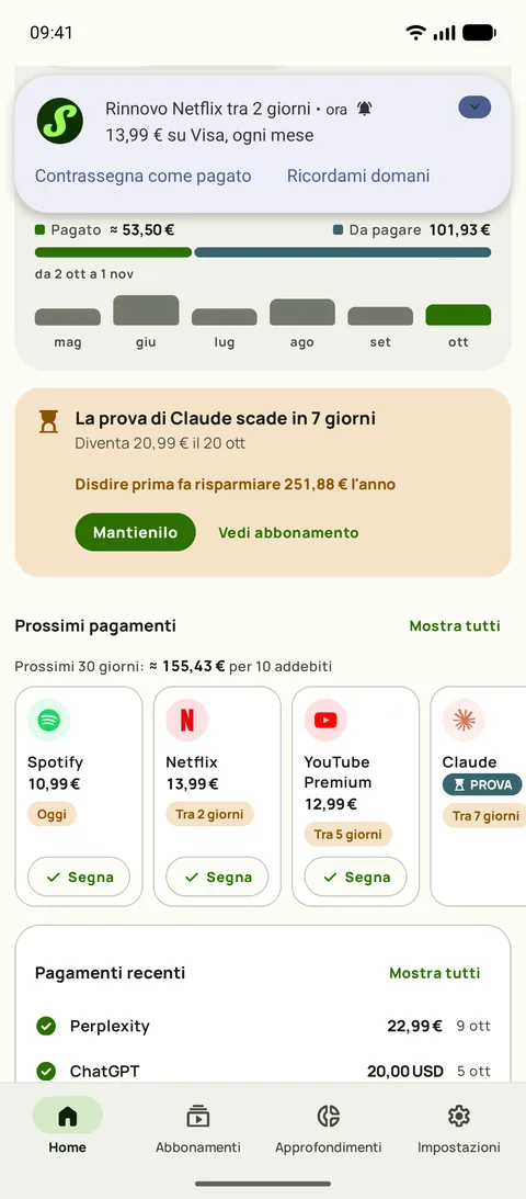 Un promemoria di Subby su Android che dice Netflix si rinnova tra 2 giorni, $15.49 su Visa, ogni mese, con Contrassegna come pagato e Ricordamelo domani