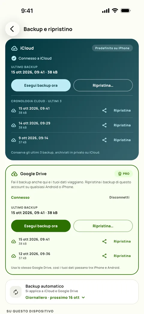 Backup e ripristino in Subby su iPhone, con iCloud e Google Drive entrambi collegati, gli ultimi tre backup su iCloud e il backup automatico giornaliero
