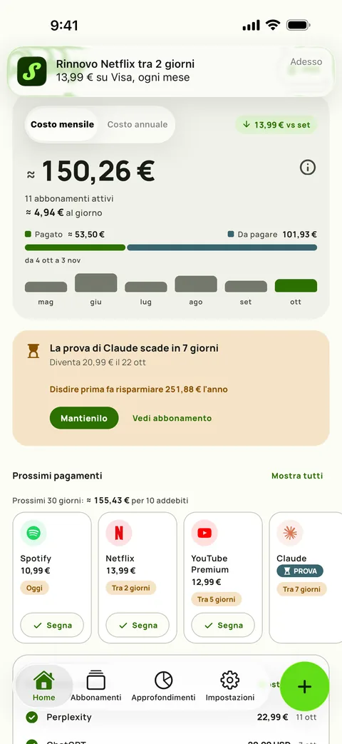 Un promemoria di Subby su iPhone che dice Netflix si rinnova tra 2 giorni, $15.49 su Visa, ogni mese