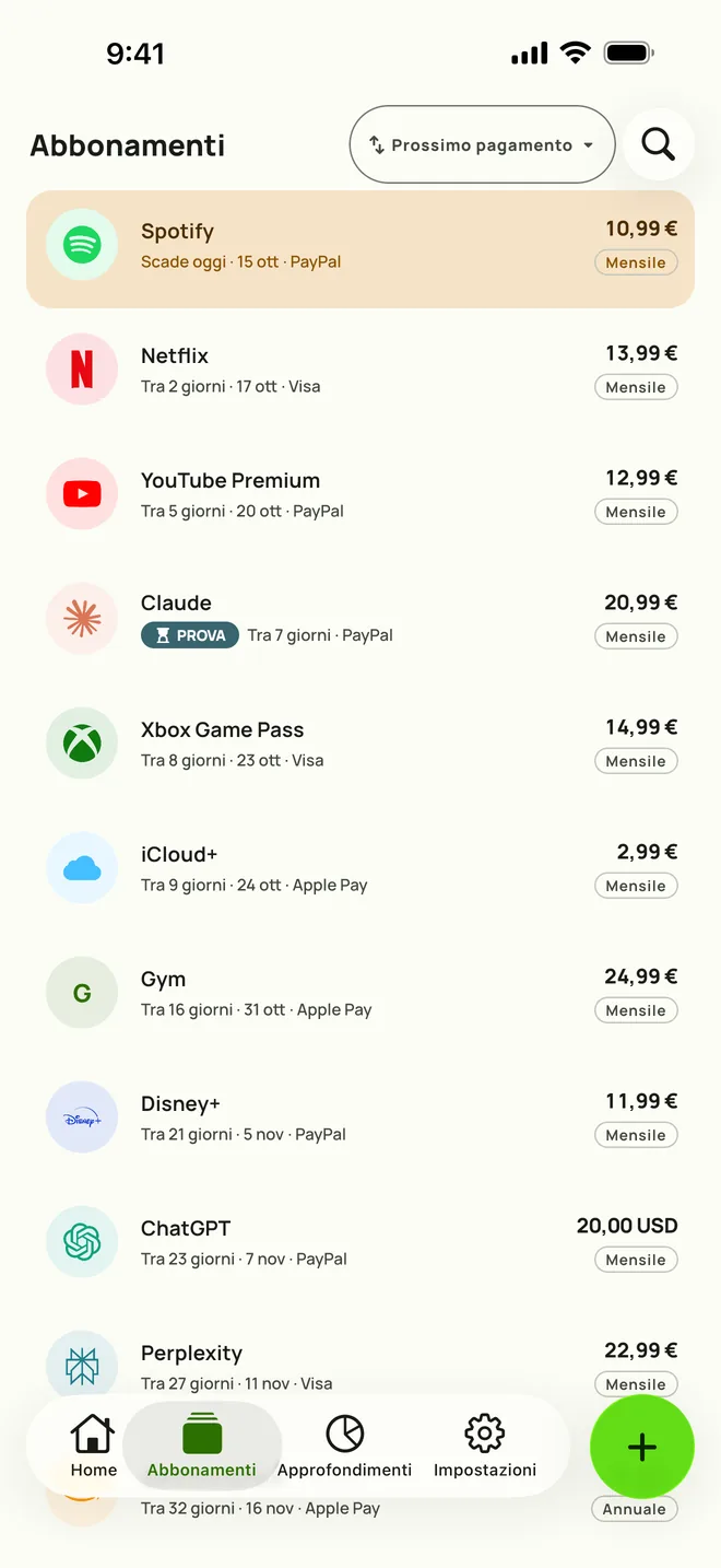 La scheda Abbonamenti di Subby su iPhone, in ordine di prossimo pagamento: Spotify in scadenza oggi, poi Netflix, YouTube Premium e una prova gratuita, ciascuno con prezzo e ciclo