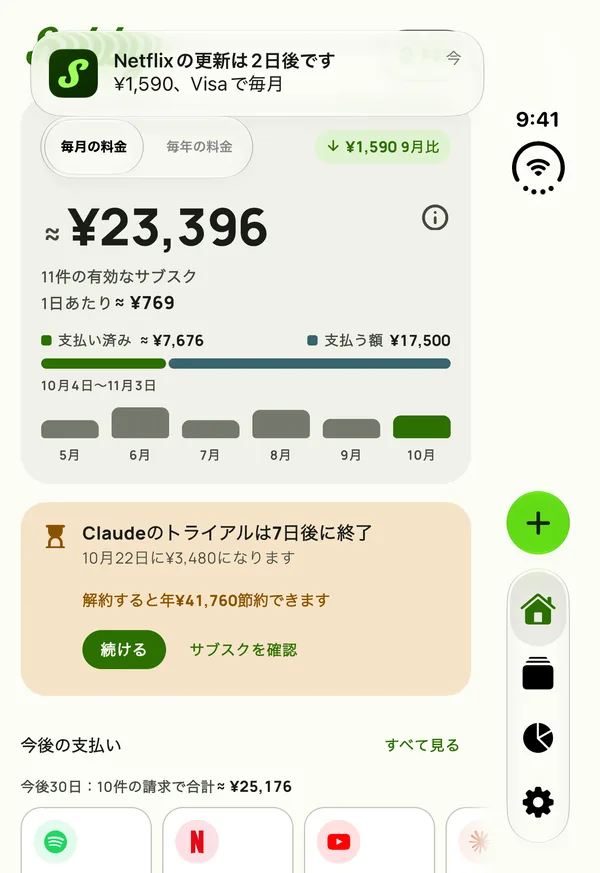 閉じたiPhone Duoの外側のパネルに表示されたSubbyのリマインダー。NetflixがVisaで2日後に更新、$15.49、毎月