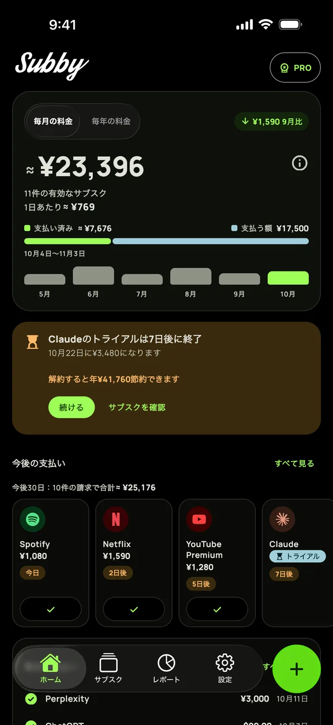 ダークモードで表示したiPhoneのSubbyホーム。今月の合計$165.35、1日あたり$5.44、支払い済みと支払う額、トライアルカード、次の支払い