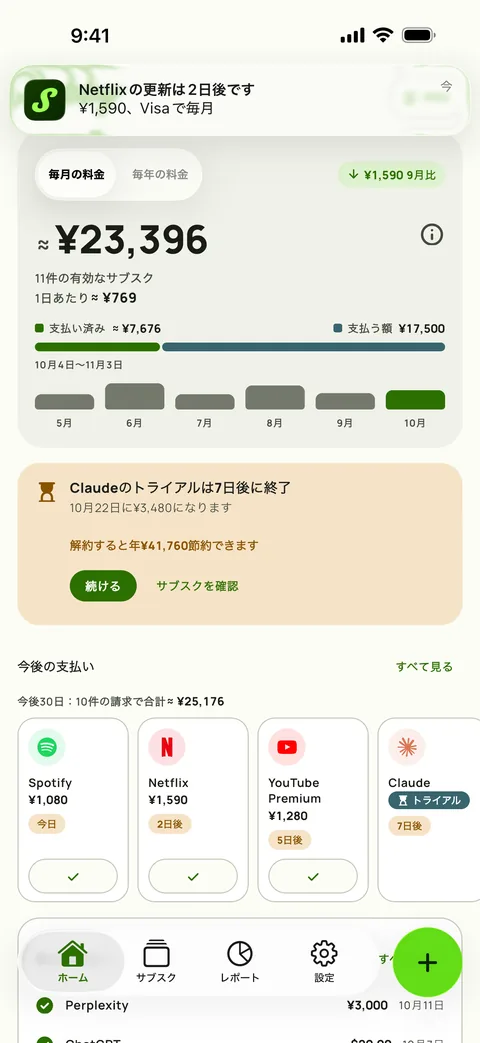 iPhoneのSubbyのリマインダー。NetflixがVisaで2日後に更新、$15.49、毎月