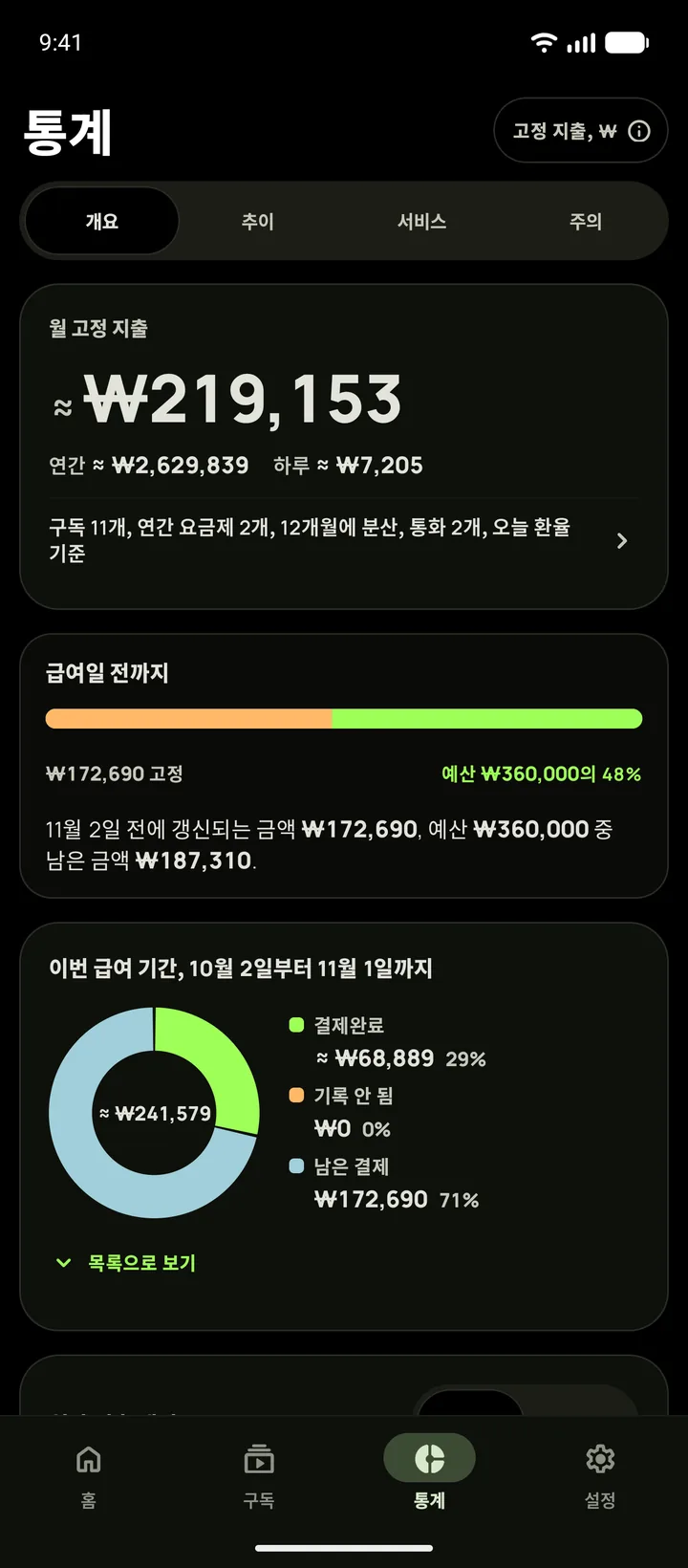 완전한 블랙 테마의 Android 통계. 개요 탭에 매달 나가는 고정 지출과 급여일 전까지 남은 예산이 보여요