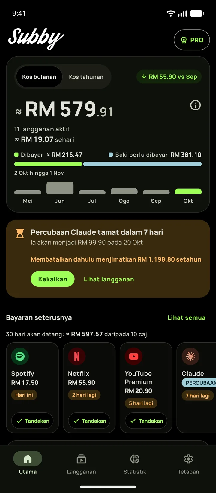Utama Subby pada Android dalam tema hitam tulen, dengan jumlah bulan ini $165.35, kad percubaan dan bayaran seterusnya