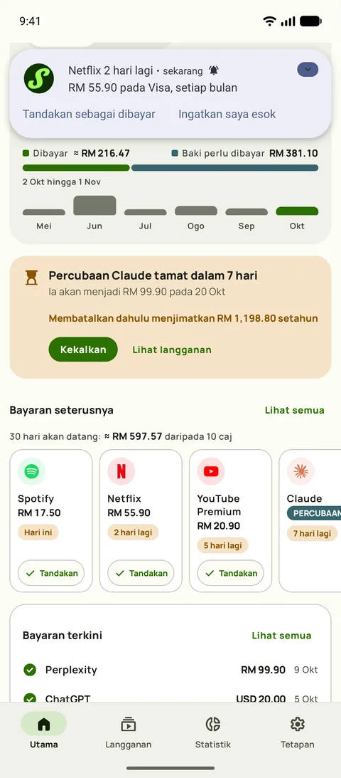 Peringatan Subby pada Android yang berbunyi Netflix diperbaharui dalam 2 hari, $15.49 pada Visa, setiap bulan, dengan butang Tandakan sebagai dibayar dan Ingatkan saya esok