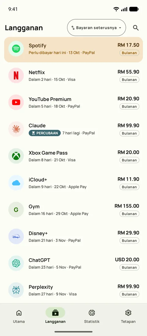 Tab Langganan Subby pada Android, disusun mengikut bayaran seterusnya: Spotify perlu dibayar hari ini, kemudian Netflix, YouTube Premium dan satu percubaan percuma, masing-masing dengan harga dan kitaran