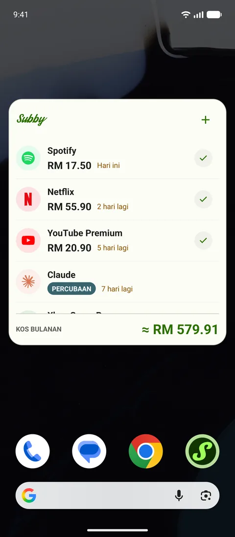 Widget Subby pada skrin utama Android, menyenaraikan Spotify, Netflix dan YouTube Premium dengan tanda pada setiap satu, satu percubaan bertanda PERCUBAAN, dan kos bulanan $165.35