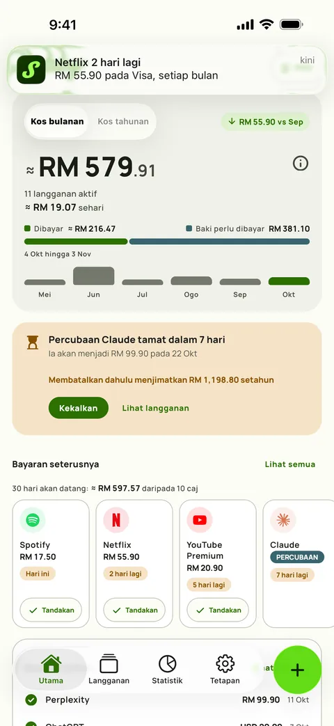 Peringatan Subby pada iPhone yang berbunyi Netflix diperbaharui dalam 2 hari, $15.49 pada Visa, setiap bulan