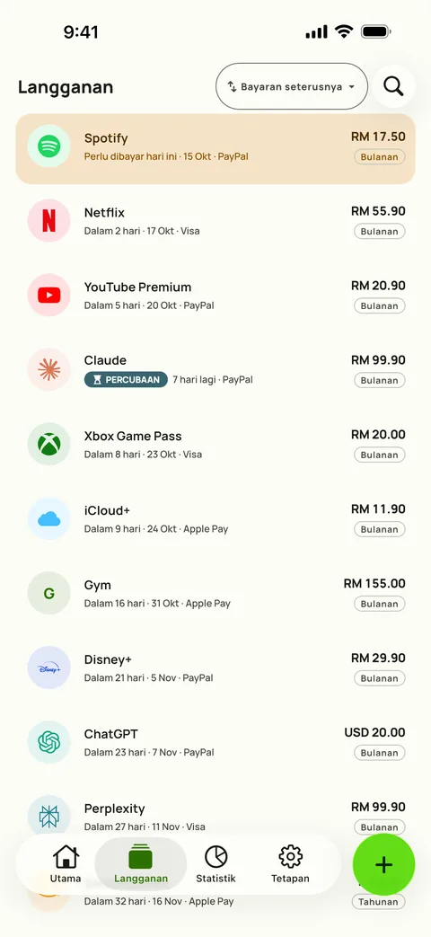 Tab Langganan Subby, disusun mengikut pembayaran seterusnya, setiap langganan dengan harganya, kad dan kitaran pengebilan, pada iPhone