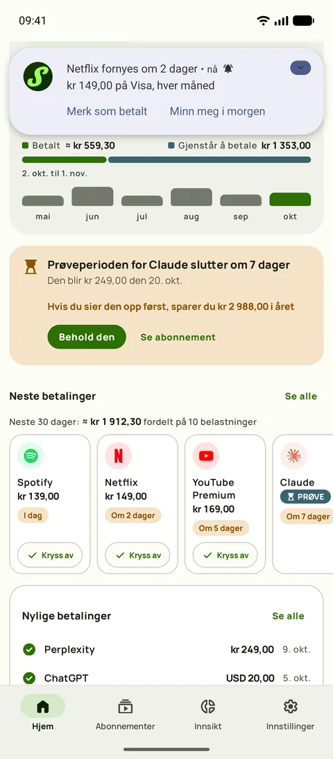 En påminnelse fra Subby på Android som sier at Netflix fornyes om 2 dager, $15,49 på Visa, hver måned, med Merk som betalt og Minn meg i morgen