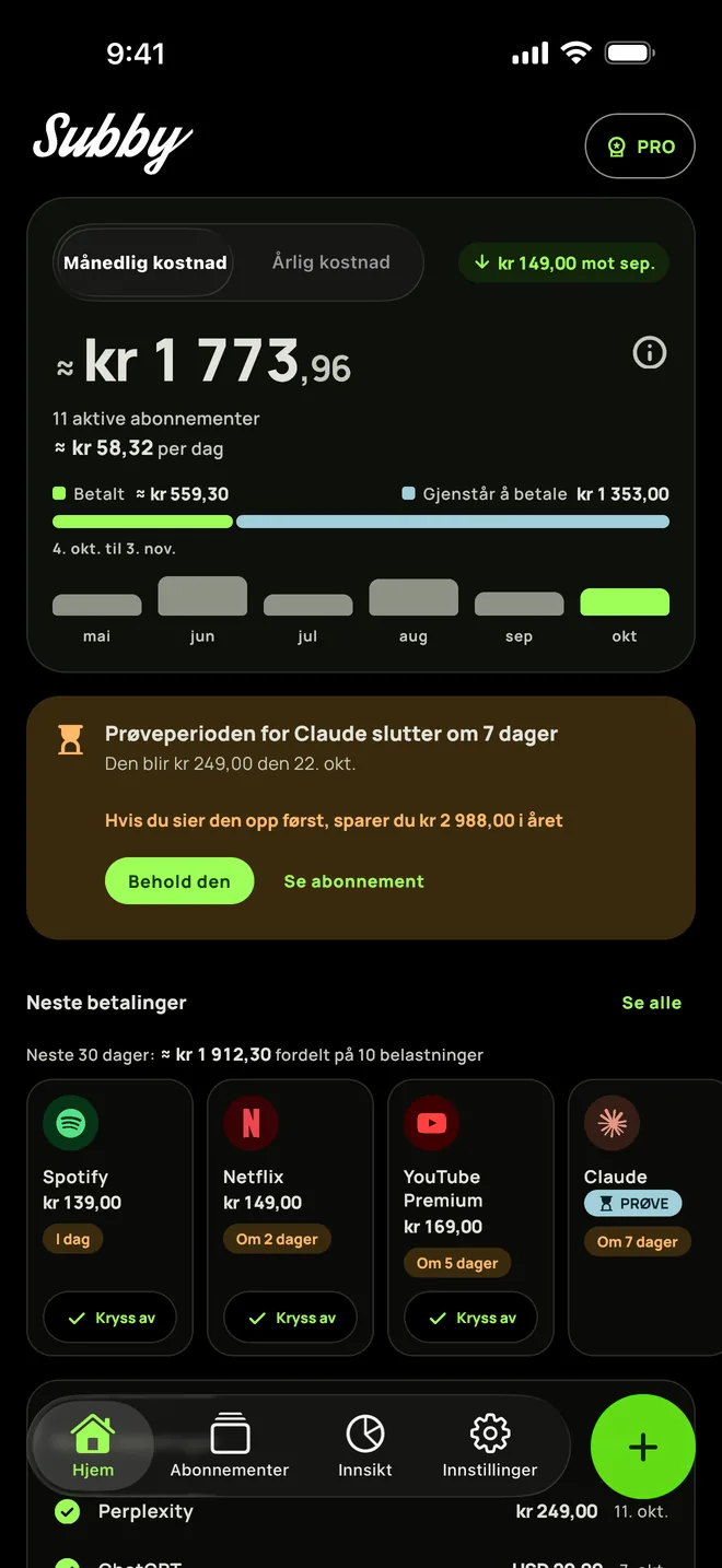 Subby Hjem på iPhone i mørk modus, med månedens total på $165,35, $5,44 per dag, betalt mot gjenstår, et kort for en prøveperiode og neste betalinger