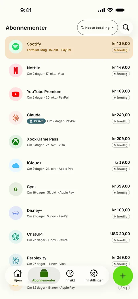 Subbys Abonnementer-fane, sortert etter neste betaling, hvert abonnement med pris, kort og faktureringssyklus, på iPhone