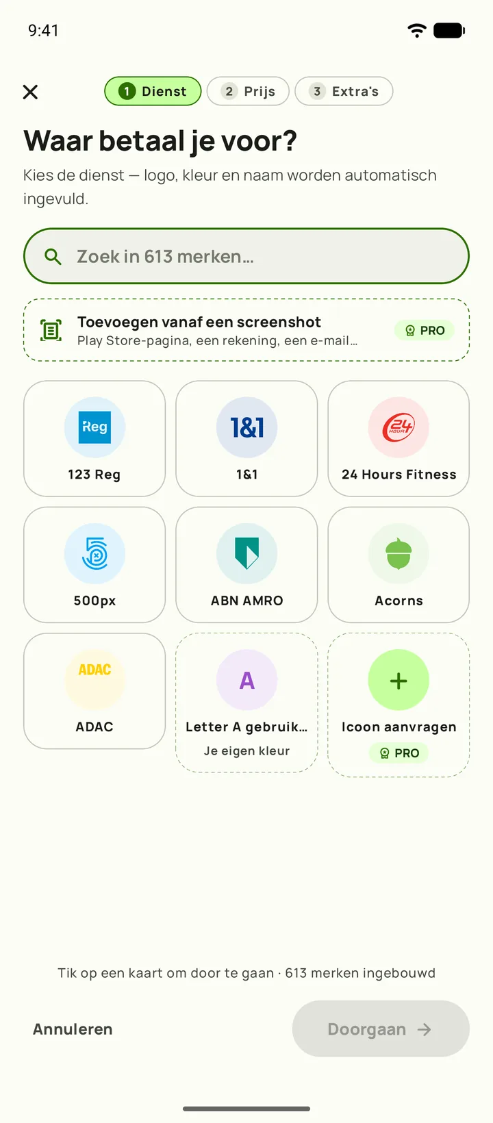 Een abonnement toevoegen in Subby — stap één, de dienst kiezen
