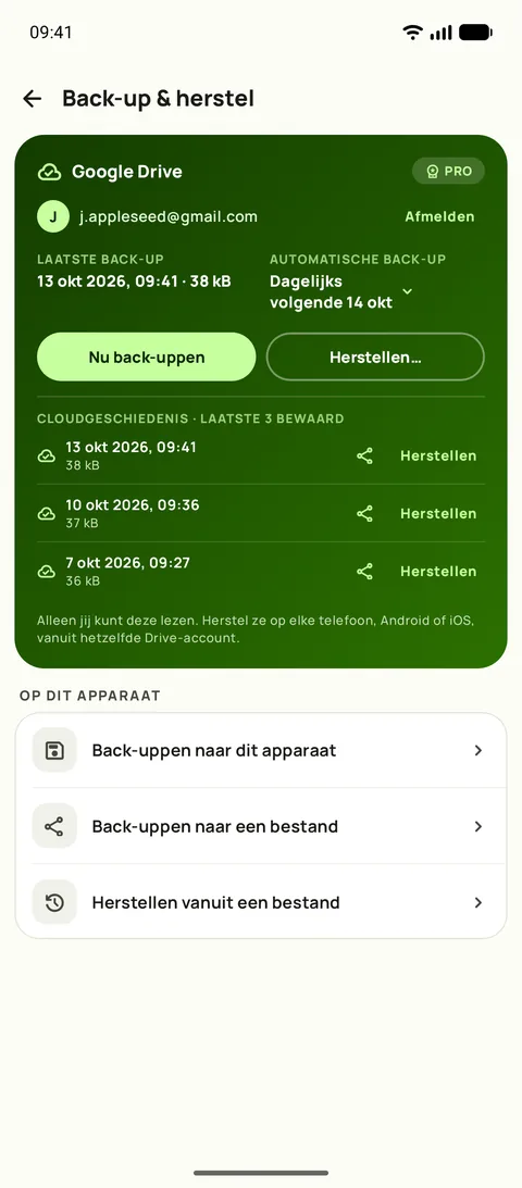 Back-up en herstellen in Subby op Android, met Google Drive gekoppeld, automatische back-up op dagelijks en de laatste drie back-ups bewaard