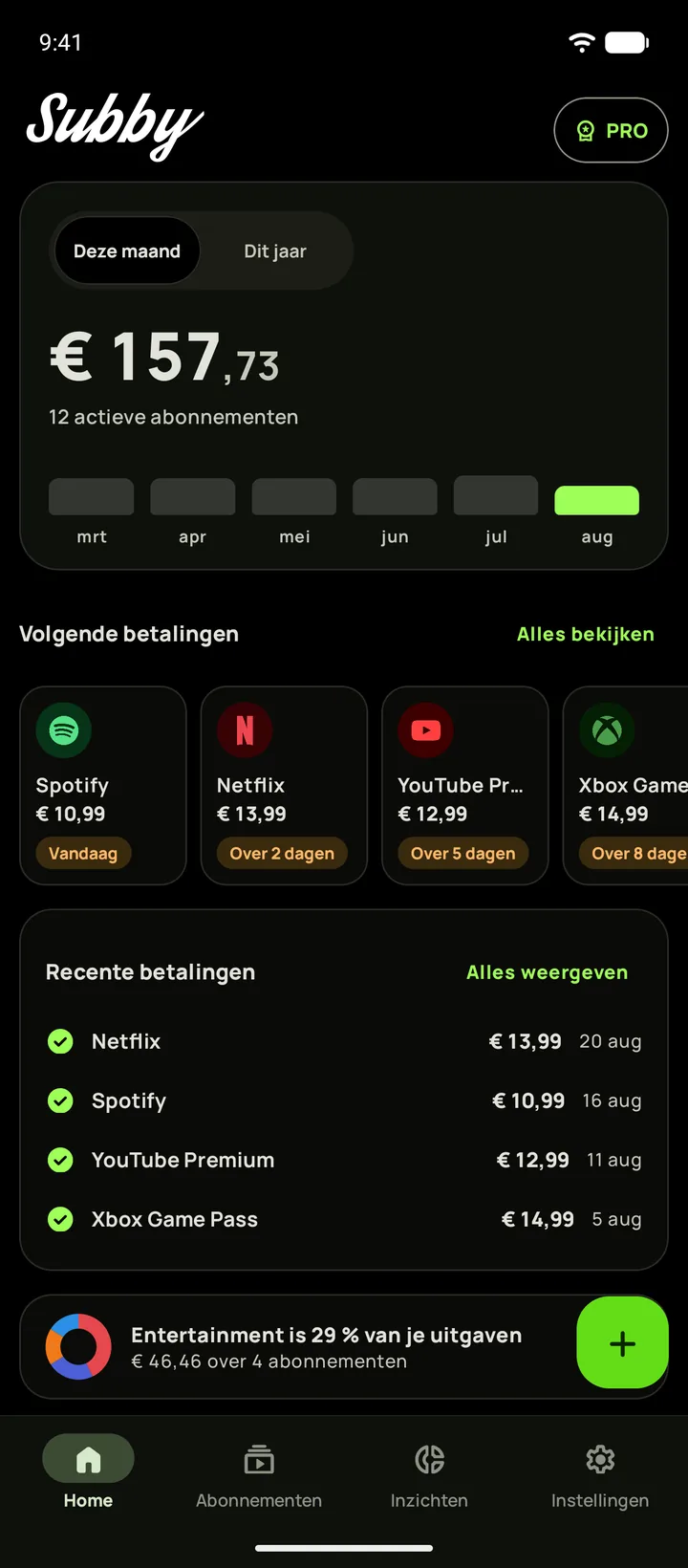 Subby-startscherm in diepzwarte donkere modus