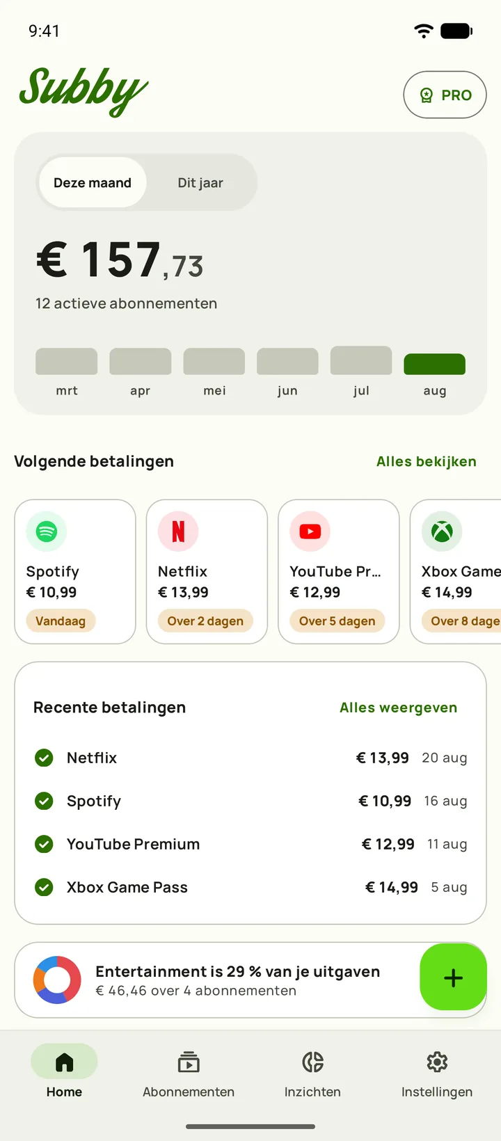 Home in Subby op Android, met het maandtotaal van $165,35, $5,44 per dag, betaald naast nog te betalen, een kaart voor een proefperiode en de volgende betalingen