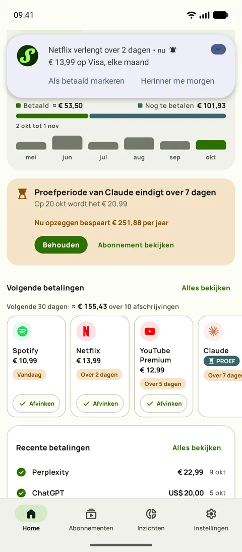Een herinnering van Subby op Android: Netflix wordt over 2 dagen verlengd, $15,49 met Visa, elke maand, met Als betaald markeren en Morgen herinneren
