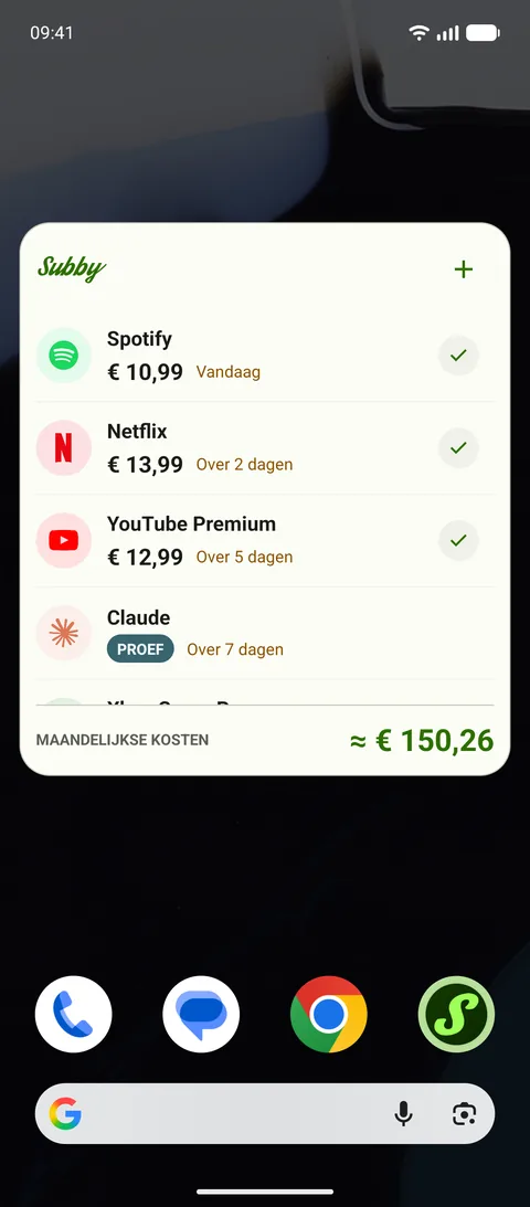 De Subby-widget op het startscherm van een Android-telefoon, met Spotify, Netflix en YouTube Premium met een vinkje erbij, een proefperiode met het label PROEF en maandkosten van $165,35