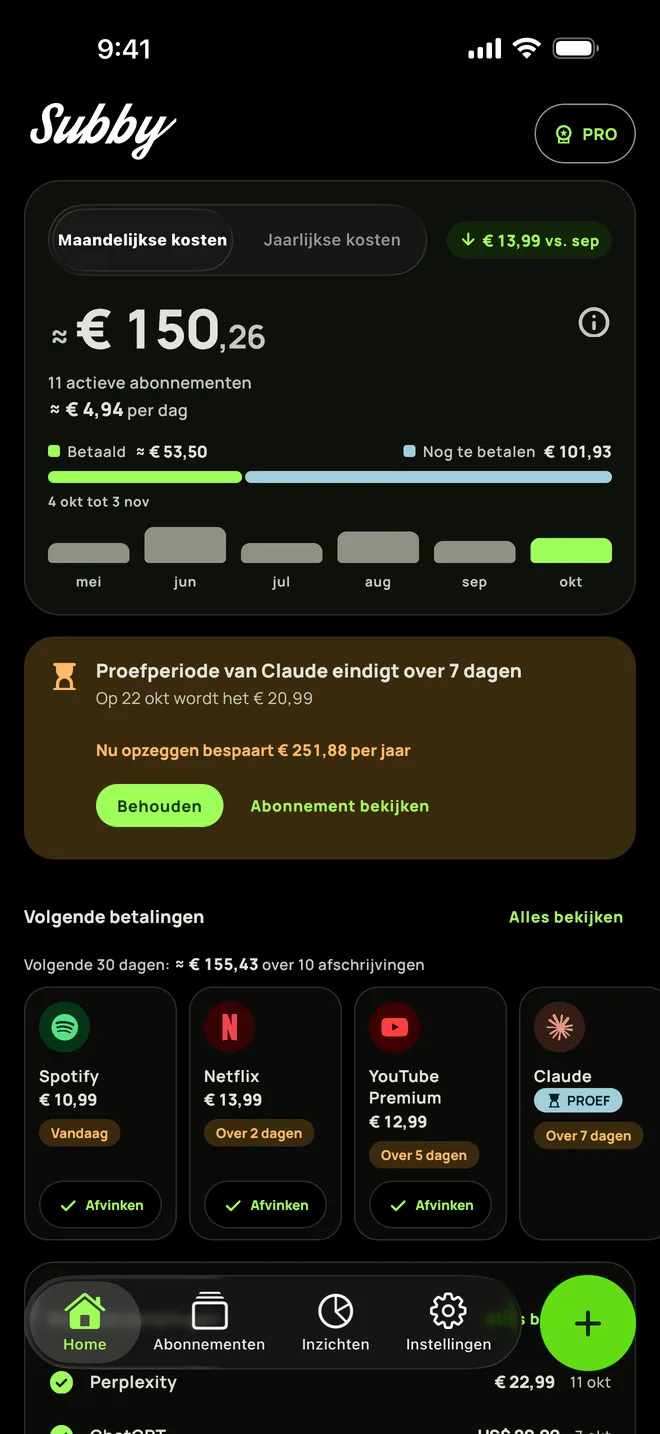 Home in Subby op iPhone in donkere modus, met het maandtotaal van $165,35, $5,44 per dag, betaald naast nog te betalen, een kaart voor een proefperiode en de volgende betalingen