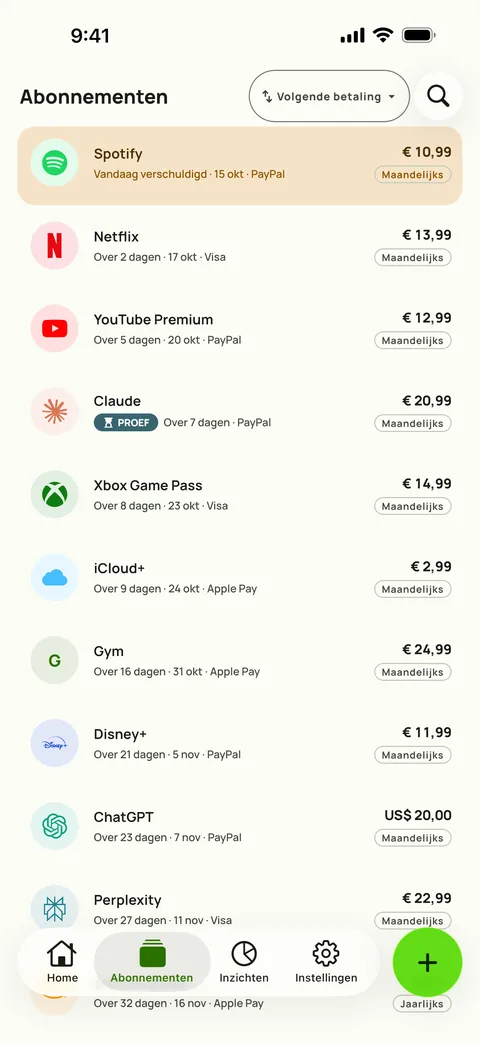 Het tabblad Abonnementen in Subby, gesorteerd op volgende betaling, elk abonnement met prijs, kaart en factureringscyclus, op iPhone