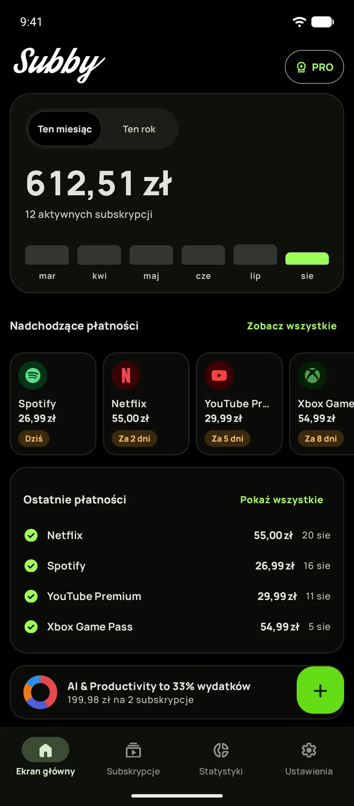 Ekran główny Subby w trybie ciemnym z prawdziwą czernią